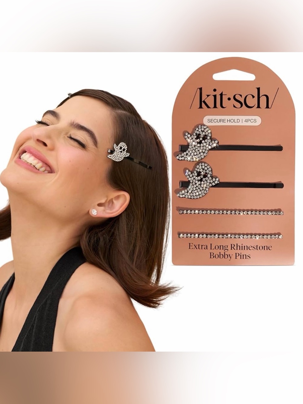 Kitsch Rhinestone Ghost & Strip Bobby Pin Set - Plata